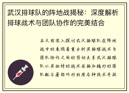 武汉排球队的阵地战揭秘：深度解析排球战术与团队协作的完美结合