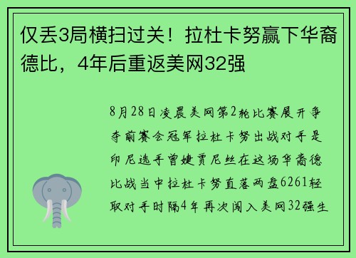 仅丢3局横扫过关！拉杜卡努赢下华裔德比，4年后重返美网32强